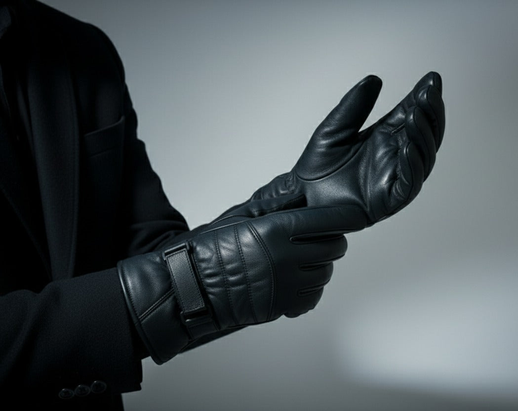 Luxury Men’s Black Leather Gloves – Premium Lined Winter Gloves with Adjustable Strap