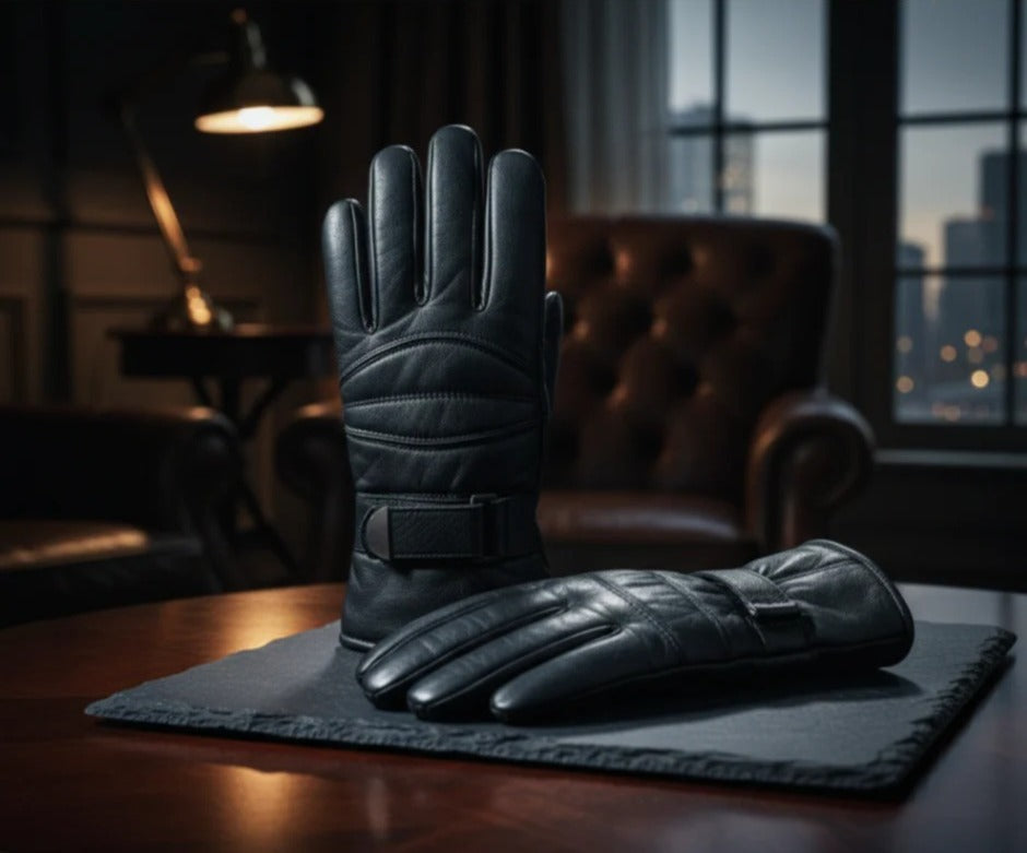 Luxury Men’s Black Leather Gloves – Premium Lined Winter Gloves with Adjustable Strap