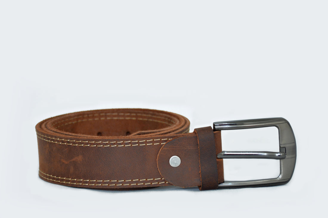 Men's Classic Brown Full-Grain Leather Belt with Stitched Edges