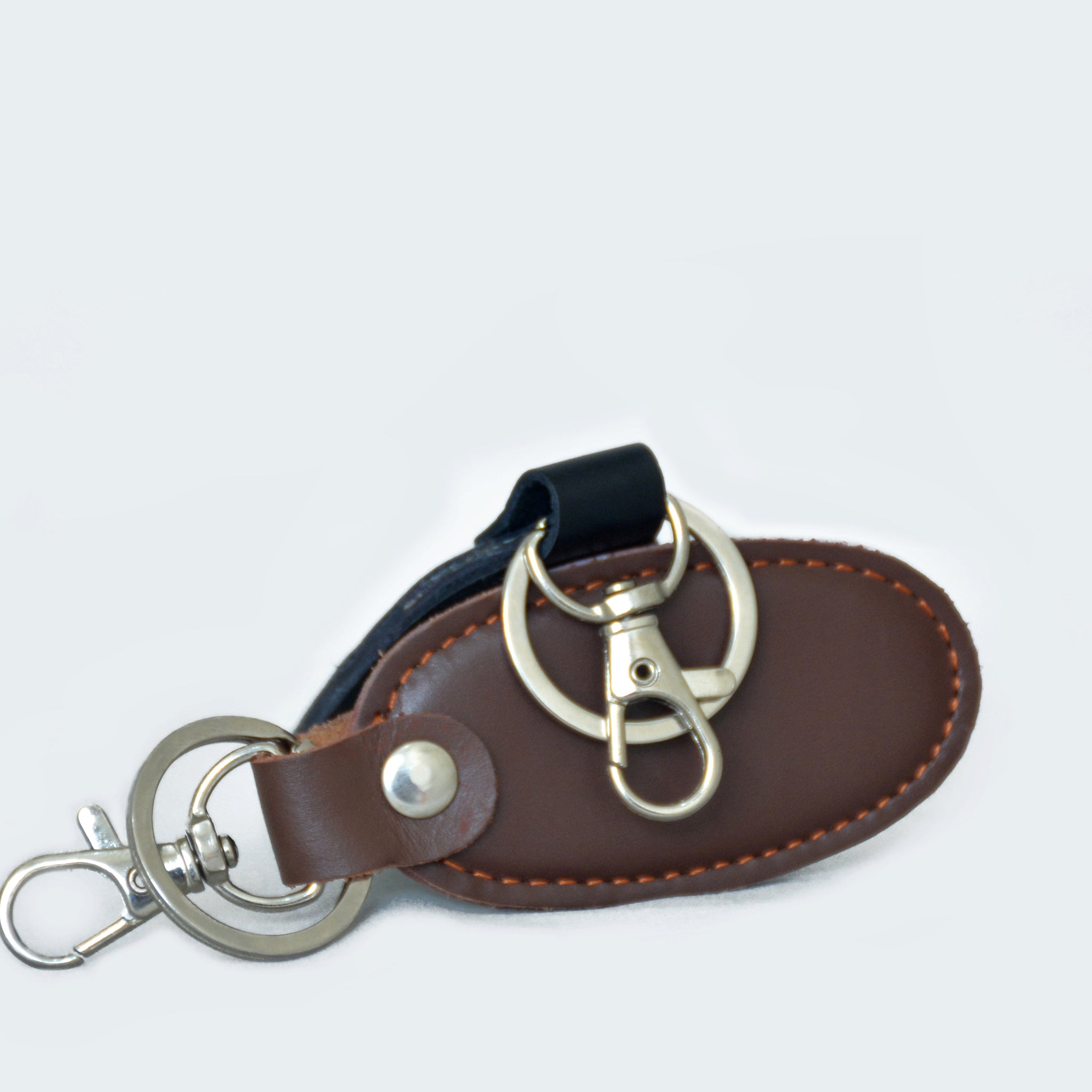 Genuine Leather Keyring with Metal Clasp - Oval Design Key Fob